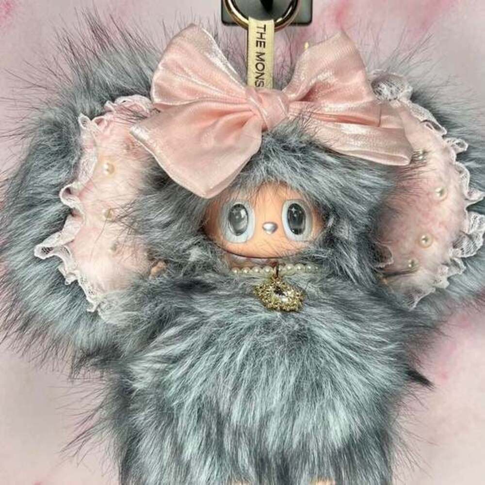 (57)Custom Pop Mart Labubu Plush Keychain - Handmade Grey Fur with Pink Bow